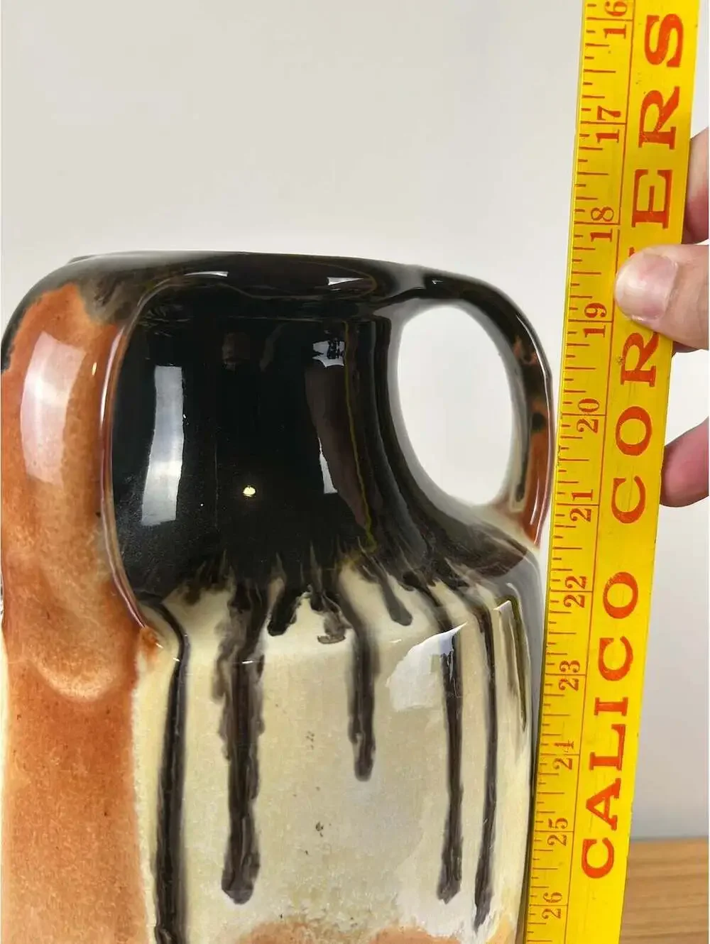 American Art Pottery Orange Black Peachskin Triple Handled Large 18